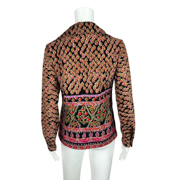 Vintage 70s Printed Blouse Women's Medium Pink Black Border Print Top - Picture 8 of 10